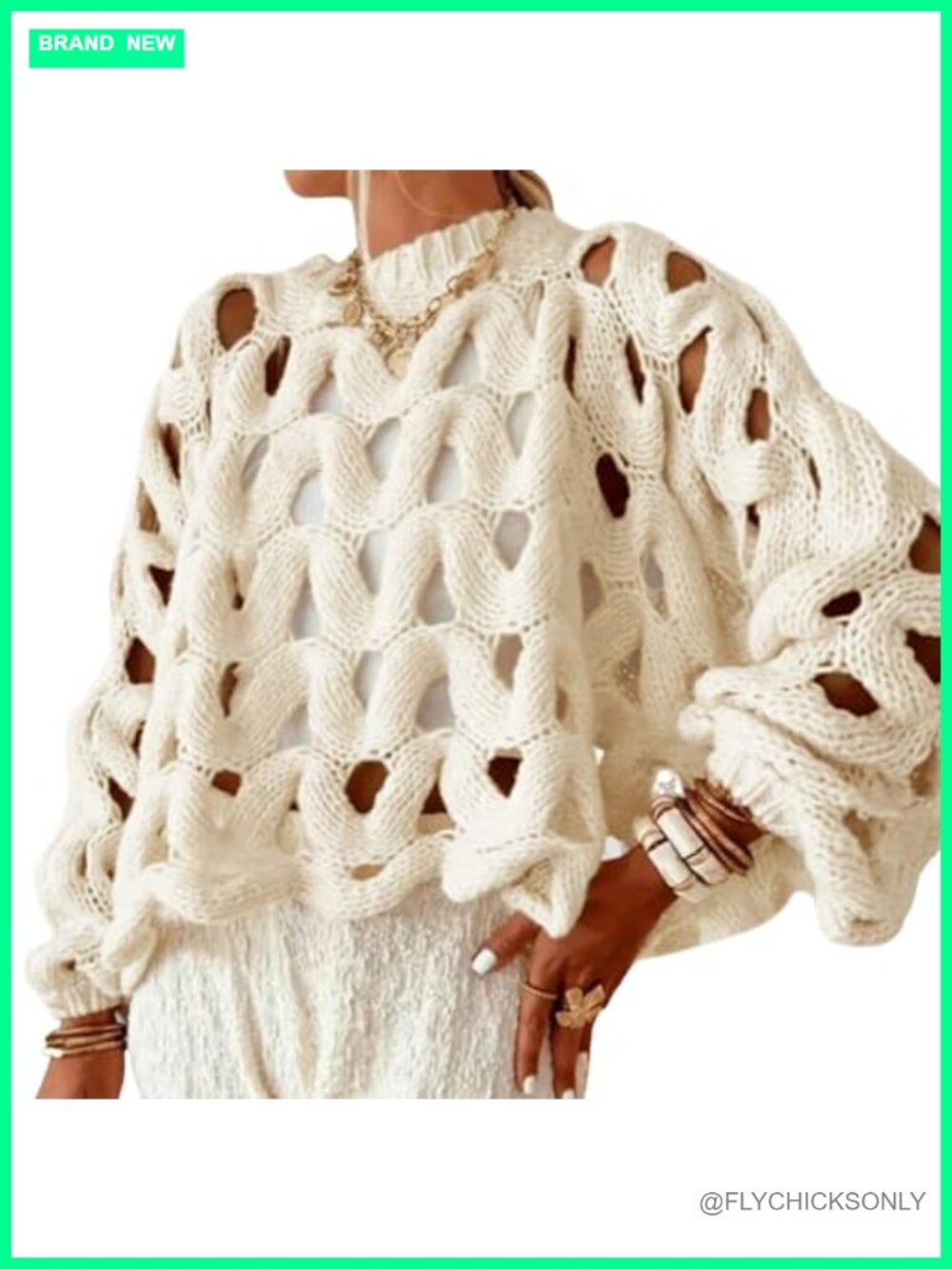 Oversized Crochet Chunky Knit Pullover Sweater Long Sleeve Crew Neck